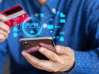 Smartphone payment with digital wallet application. Businessman paying and shopping with a mobile phone application. Digital money transfer, banking, and e-commerce concept..