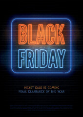 Black friday retro style discounts vector flyer template. Seasonal sale red blue promo banner design. Special price offer on stylized brick wall background. Neon wholesale men advert with text space.