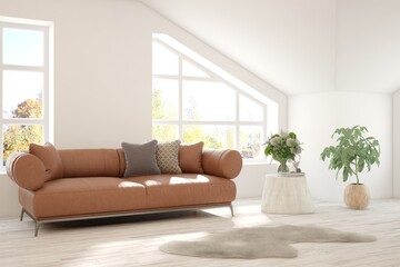 White living room with sofa. Scandinavian interior design. 3D illustration