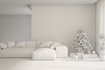 Winter sunny new year interior of living room with sofa. Scandinavian design. 3D illustration
