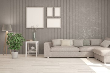 Dark sunny living room with sofa. 3D illustration