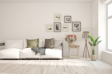 White living room with sofa. Scandinavian interior design. 3D illustration