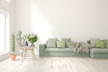 White living room with sofa. Scandinavian interior design. 3D illustration