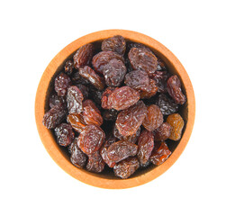 Black raisin on wood bowl isolated on transparent png