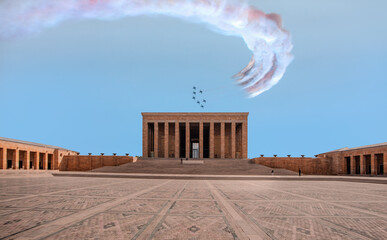 Mausoleum of Ataturk - Air Force aerobatic team performing demonstration flight over mausoleum of...