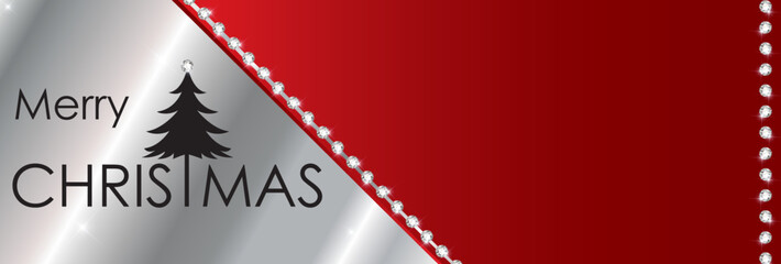 Merry Christmas Banner mit Diamant, Strass, Strasssteine, Glas, Spiegel, roter Hintergrund diagonal mit Text in schwarz