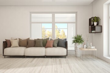 Fototapeta premium Stylish room in white color with sofa and autumn landscape in window. Scandinavian interior design. 3D illustration