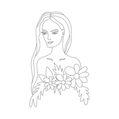 Beautiful young woman with flowers in the style of line art