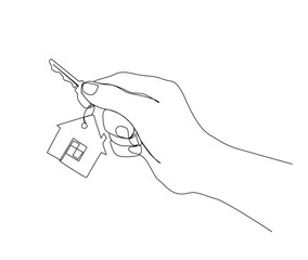 Continuous one line drawing of hand holds the keys to the house. House Key simple line art vector design.