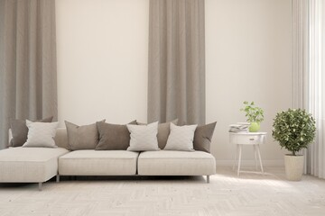 White living room with sofa. Scandinavian interior design. 3D illustration