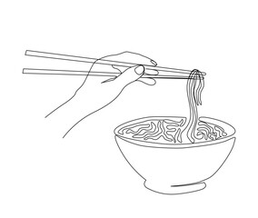 Continuous one line drawing of hand holding mie or asian noodle in the bowl. Ramen single line art drawing vector illustration.