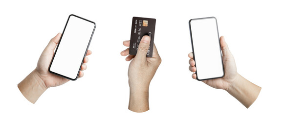 A set, group of male hand hold a credit card and cell phone blank screen isolated on transparent background..