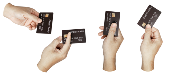 A set, group of male hand hold a credit card isolated on transparent background..