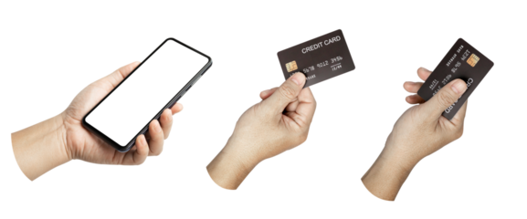 A set, group of male hand hold a credit card and cell phone blank screen isolated on transparent background..