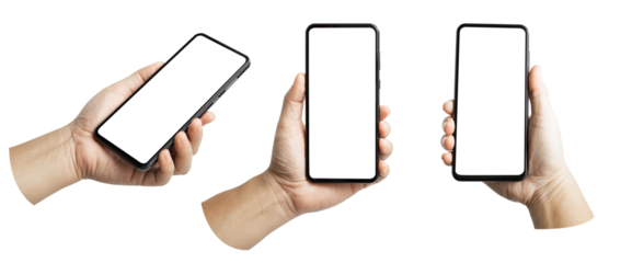 A set, group of male hand hold a smartphone with blank screen isolated on transparent background..