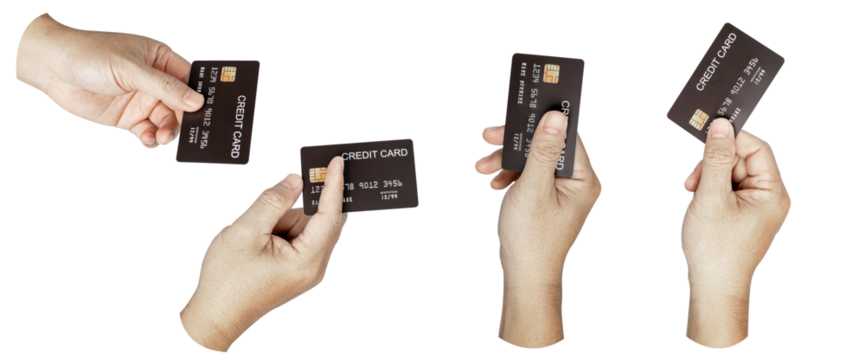 A set, group of male hand hold a credit card isolated on transparent background..