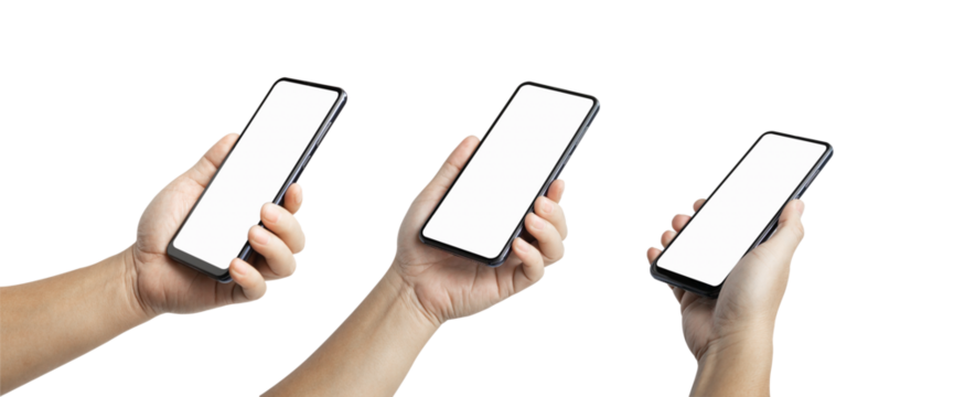 A set, group of male hand hold a smartphone with blank screen isolated on transparent background..