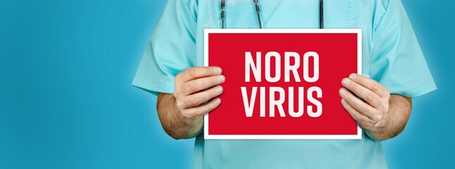 Norovirus. Doctor shows red sign with medical word on it. Blue background.