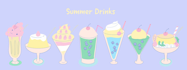 Set of drinks and dessert illustration for summer or cafe menu for sticker or poster background