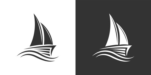Boat, yacht, sailing boat, cargo ship. Water transportation on white and black background