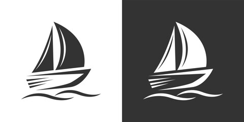 Boat, yacht, sailing boat, cargo ship. Water transportation on white and black background