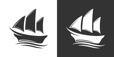 Boat, yacht, sailing boat, cargo ship. Water transportation on white and black background