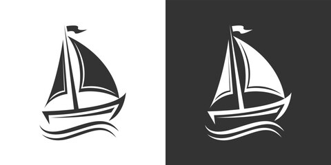 Boat, yacht, sailing boat, cargo ship. Water transportation on white and black background