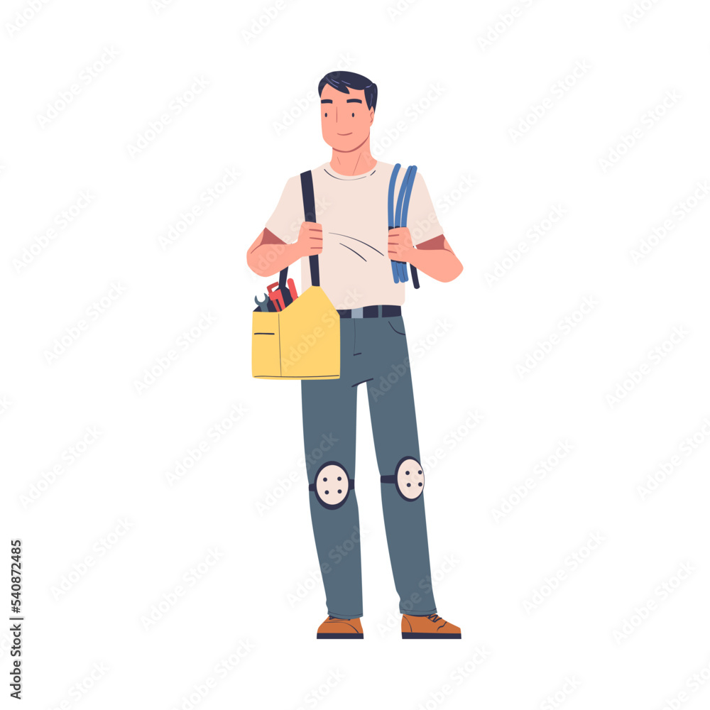 Poster repairman standing with wire and toolbox for working and fixing vector illustration