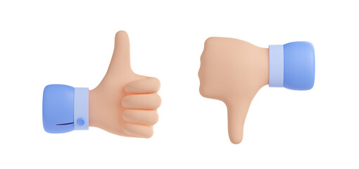 3D render set of like and dislike hand sign icons isolated on white background. Thumbs-up and thumbs-down gesture illustration. Symbol of approval and disapproval. Social media feedback emoji design