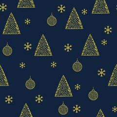 Seamless pattern with fir tree and Christmas balls. Background from snowflakes. Festive flat style design for packaging and print. Vector.