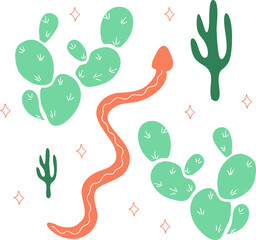 Snake and Cactus Hand Drawn Cartoon Vector Illustration