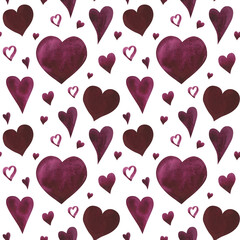 Watercolor heart shape red color seamless pattern isolated on white. Watercolor hand drawn illustration. Art for design