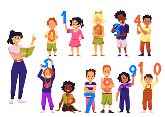 Children standing with numbers from 0 to 10, flat vector illustration isolated on white background.