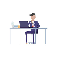 カップラーメンを食べながら仕事をする忙しいビジネスパーソンのイラスト素材｜mayucolor03