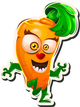 Sticker of a carrot with big eyes running cheerful. Bright orange vegetable isolated. Cartoon character design. Vector illustration.