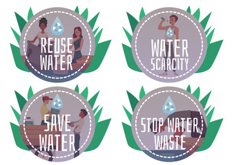 Water reuse and economy banners or labels, flat vector illustration isolated.
