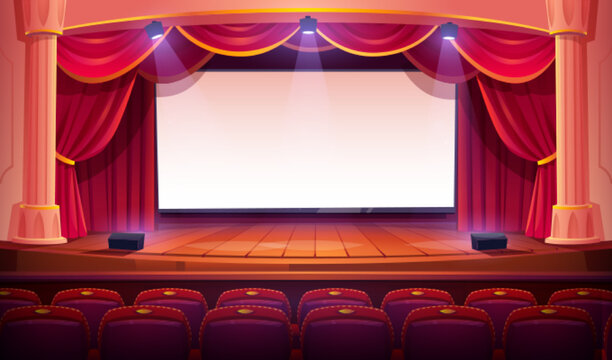 Movie theater with white screen, wooden stage, red curtains, spotlights, columns and auditorium chairs. Empty theatre interior with blank cinema screen, seats, vector cartoon illustration