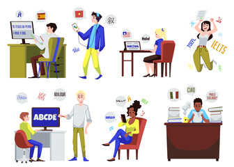 Set of people learning different languages online flat style