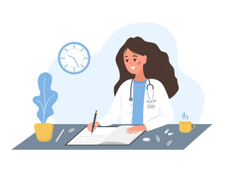 Female doctor writing medical prescription. Woman in white medical coat sitting at table and write recipe for patient. Healthcare and pharmacy concept. Vector illustration in flat cartoon style.