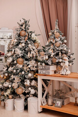 Big beautiful Christmas tree near the window. Christmas Eve at Home