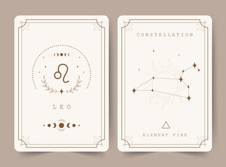 Leo. Witchcraft cards with astrology zodiac sign and constellation. Perfect for tarot readers and astrologers. Occult magic background. Horoscope template. Vector illustration in boho style.