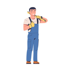 Repairman in Blue Overalls with Level Standing and Showing Thumb Up Vector Illustration