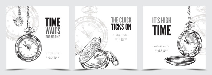 Posters with concept of time and vintage pocket watches, sketch vector illustration.