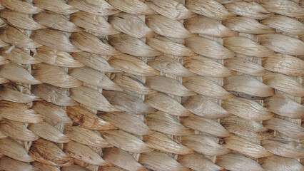 Close up of a woven basket made from water hyacinth material.