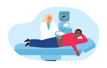 african american man patient getting ultrasound examination by woman doctor in hospital vector illustration