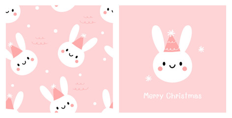 Seamless pattern with rabbit face and snowflakes on pink background. Rabbit cartoon, snow and hand written fonts on pink background vector illustration.