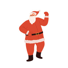 Happy dancing santa claus, cartoon christmas character in red costume with beard. Joyful Santa