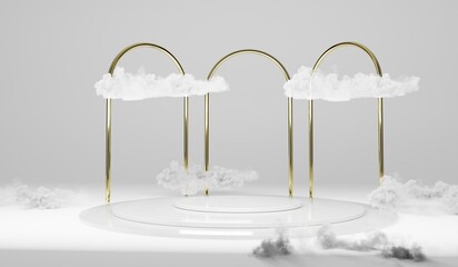 Mock up 3d podium with realistic cloud  design 