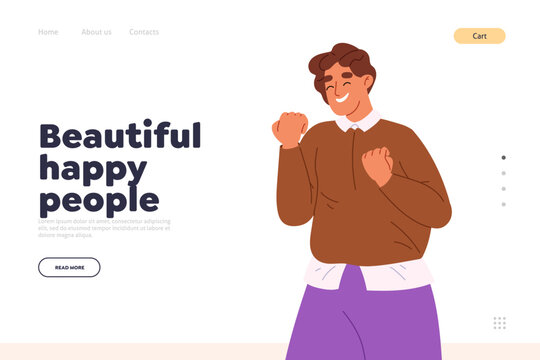 Beautiful happy people concept of landing page with excited young man hold fists expressing joy