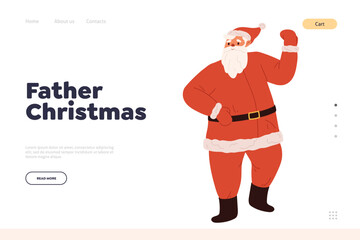 Father Christmas concept of landing page with happy dancing santa claus, cartoon xmas character
